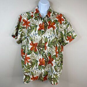 Vintage Womans CAMP Shirt Top L Beige Green LINEN Blend TROPICAL Vacation